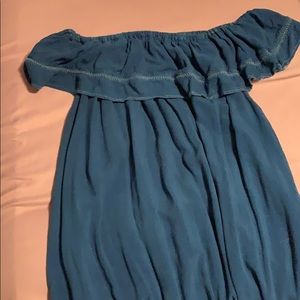 blue off the shoulder dress